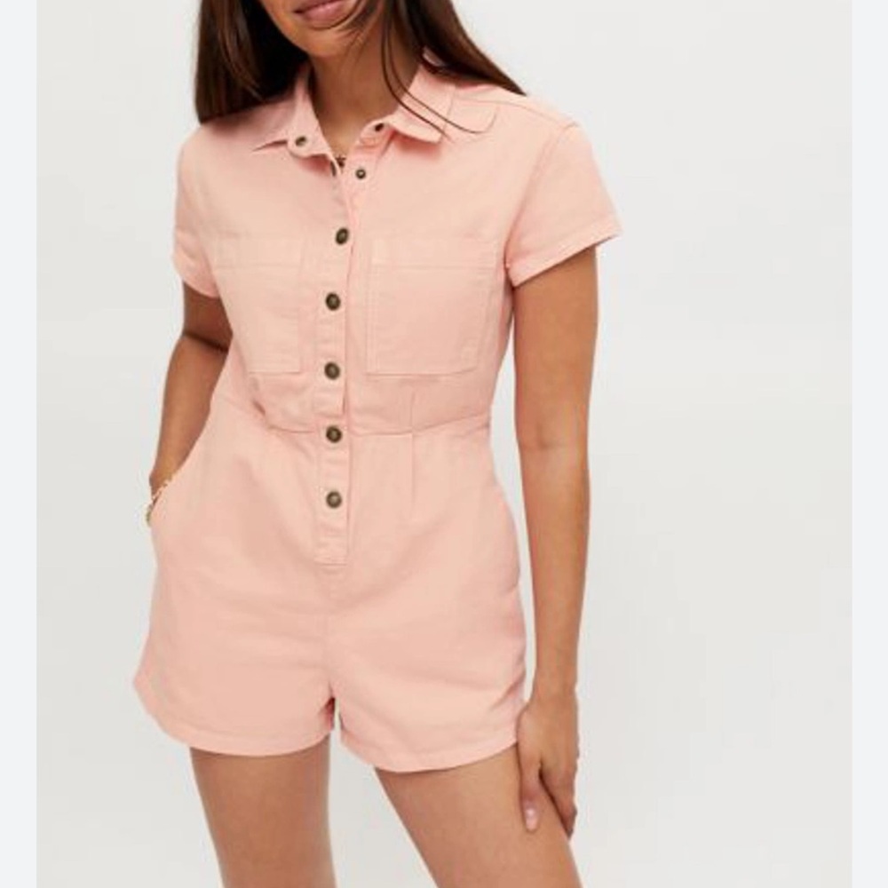 🌸 BDG‎ Joey Short Sleeve Romper 🌸 Coral Button-Up Utility Coverall L 🔥